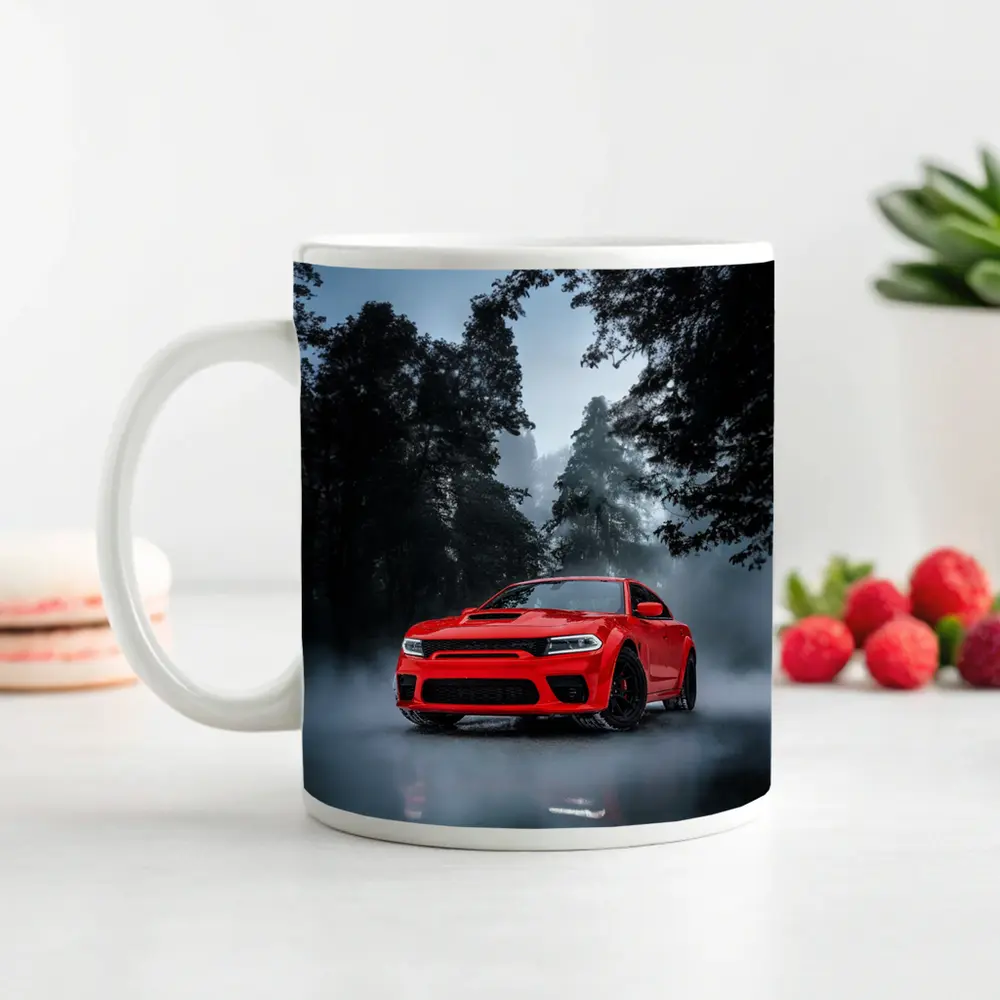 Dodge Charger Red Muscle Car Foggy Forest – Mugs