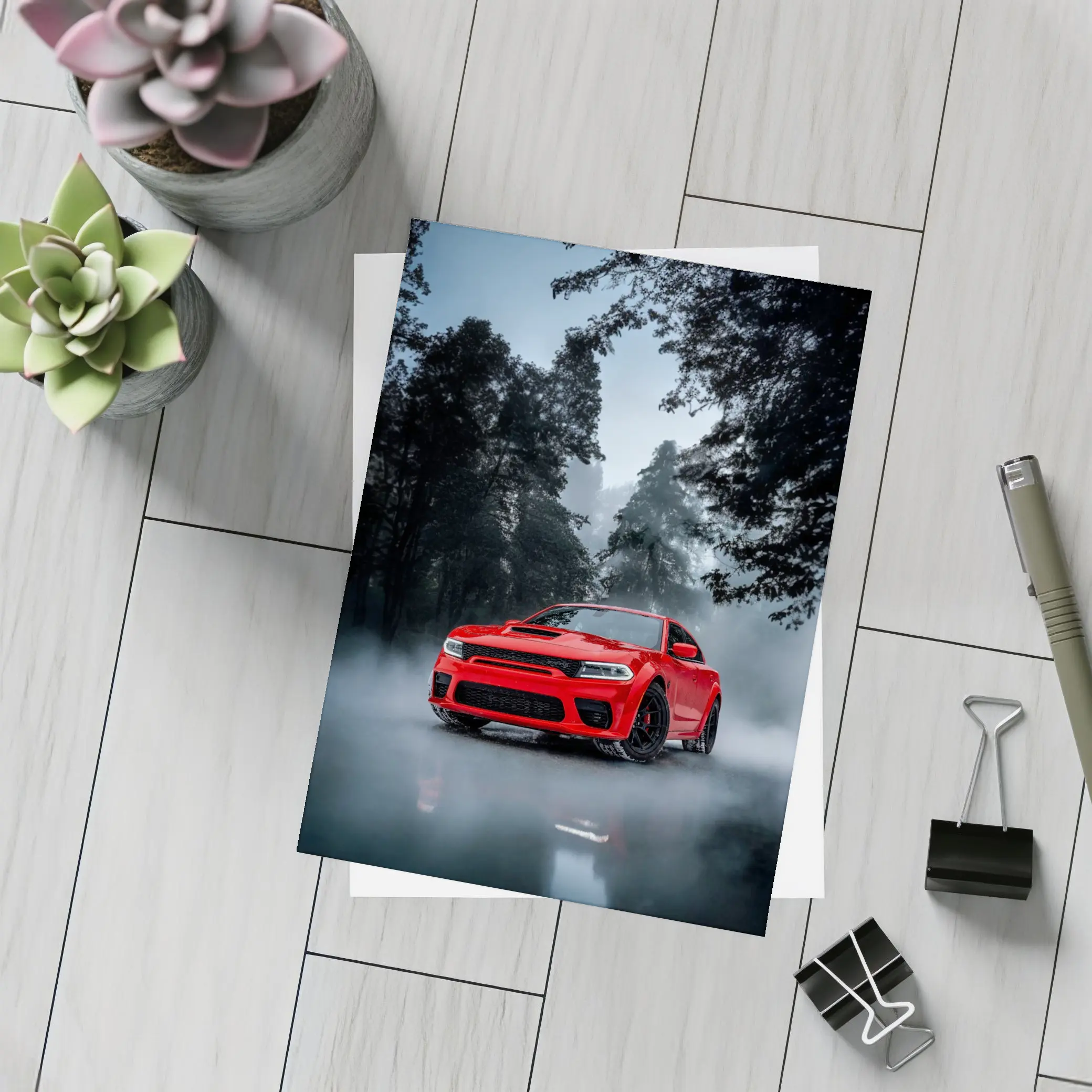 Dodge Charger Red Muscle Car Foggy Forest – Postcards