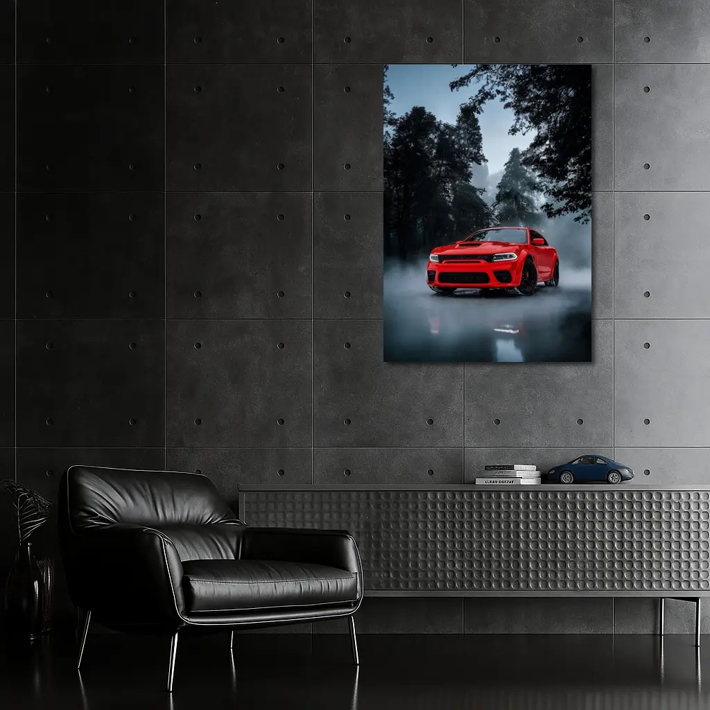 Dodge Charger Red Muscle Car Foggy Forest – Wall Art