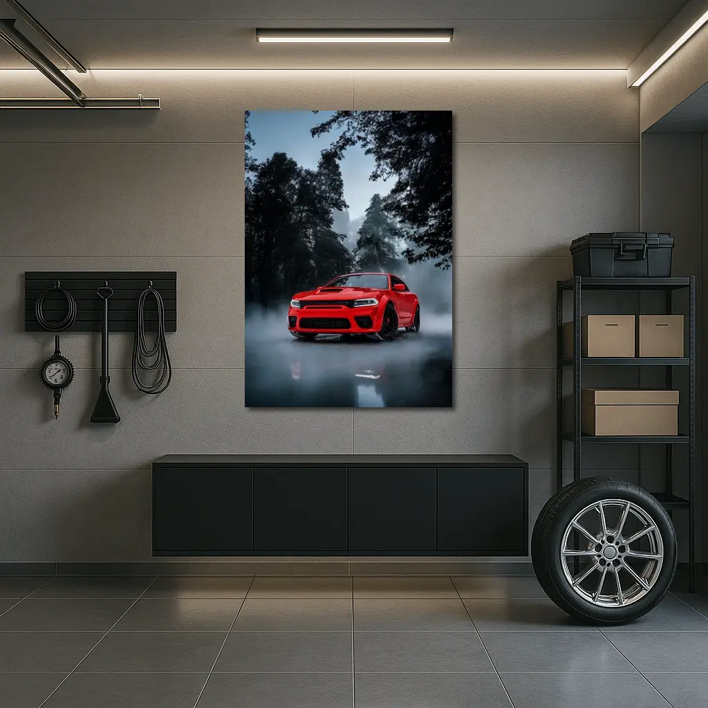Dodge Charger Red Muscle Car Foggy Forest – Wall Art