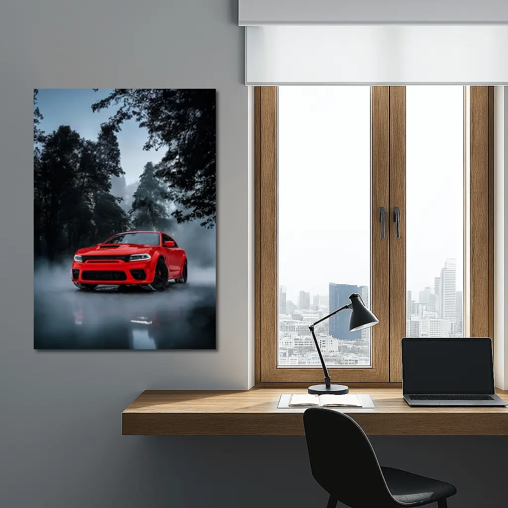 Dodge Charger Red Muscle Car Foggy Forest – Wall Art