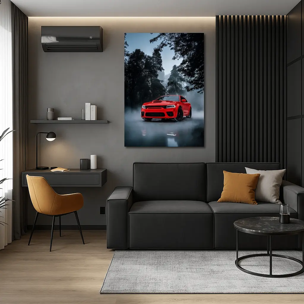 Dodge Charger Red Muscle Car Foggy Forest – Wall Art