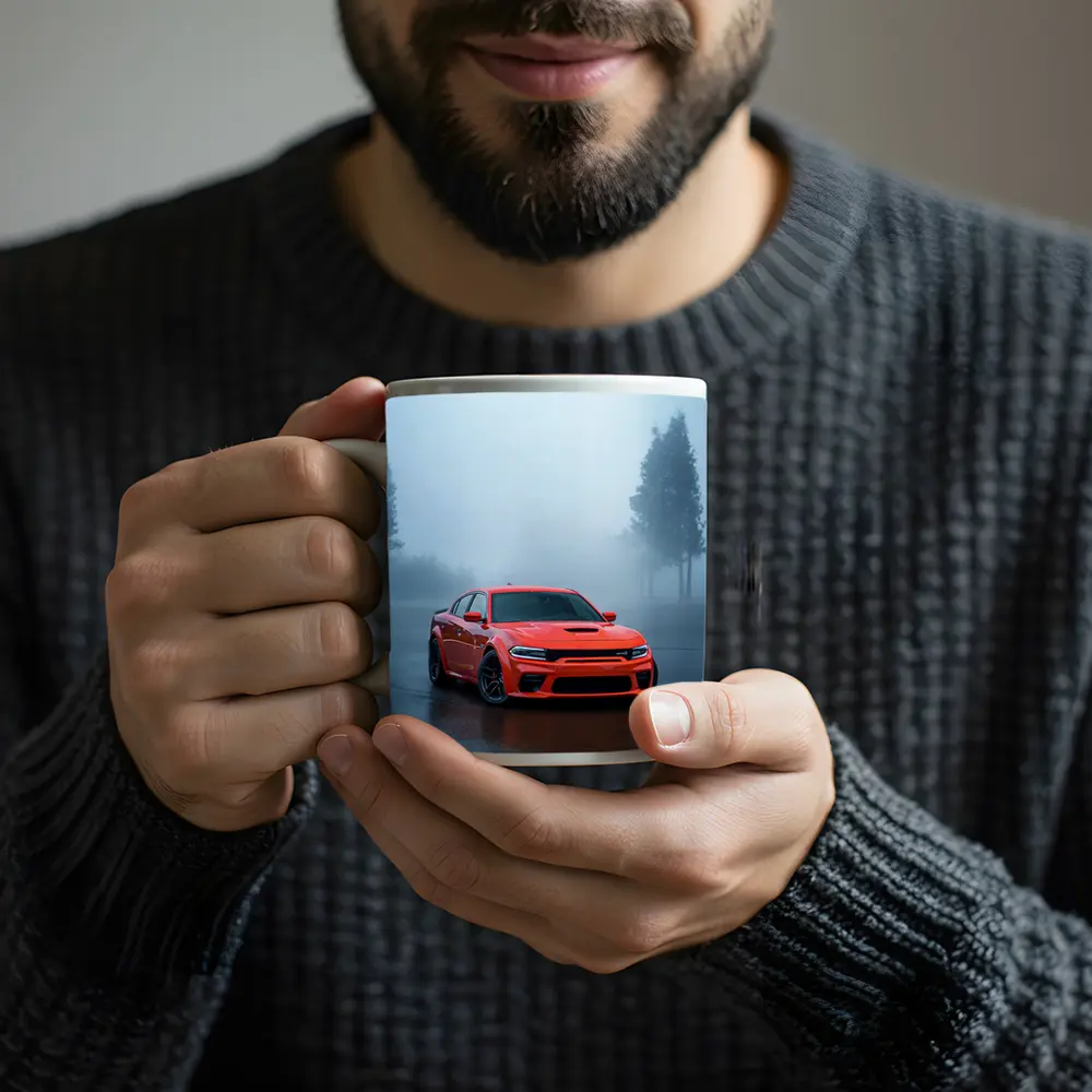 Dodge Charger Red Muscle Car Foggy Street – Mugs