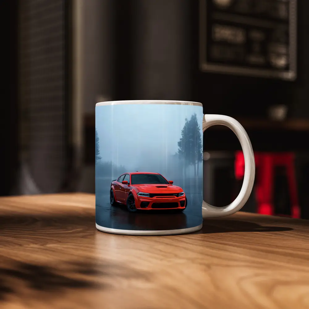 Dodge Charger Red Muscle Car Foggy Street – Mugs