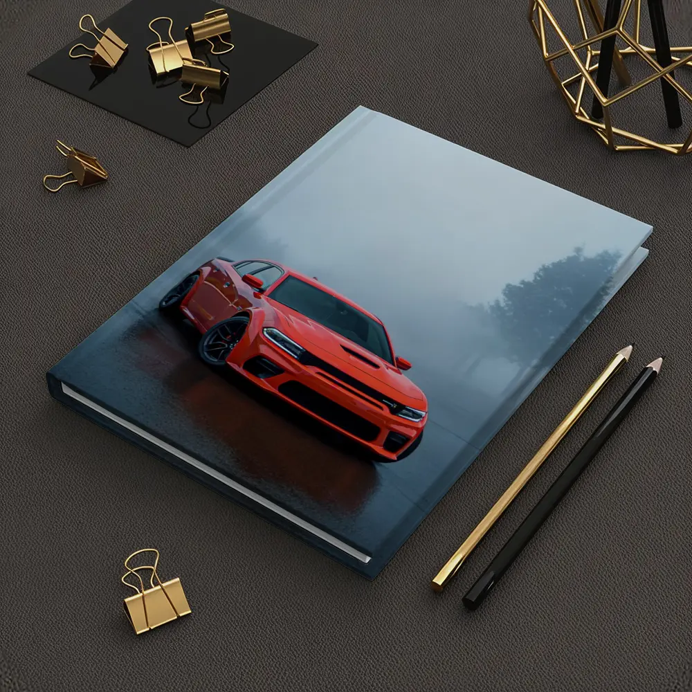 Dodge Charger Red Muscle Car Foggy Street – Notebooks