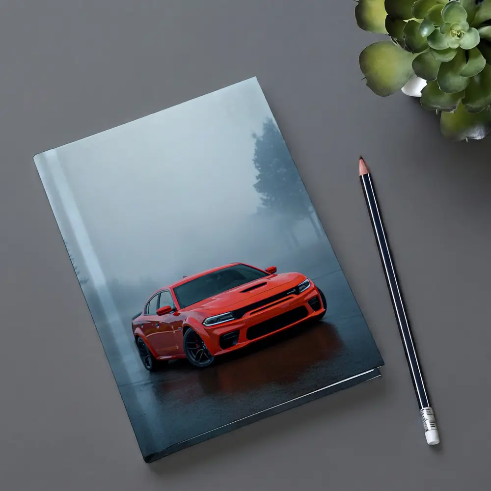 Dodge Charger Red Muscle Car Foggy Street – Notebooks
