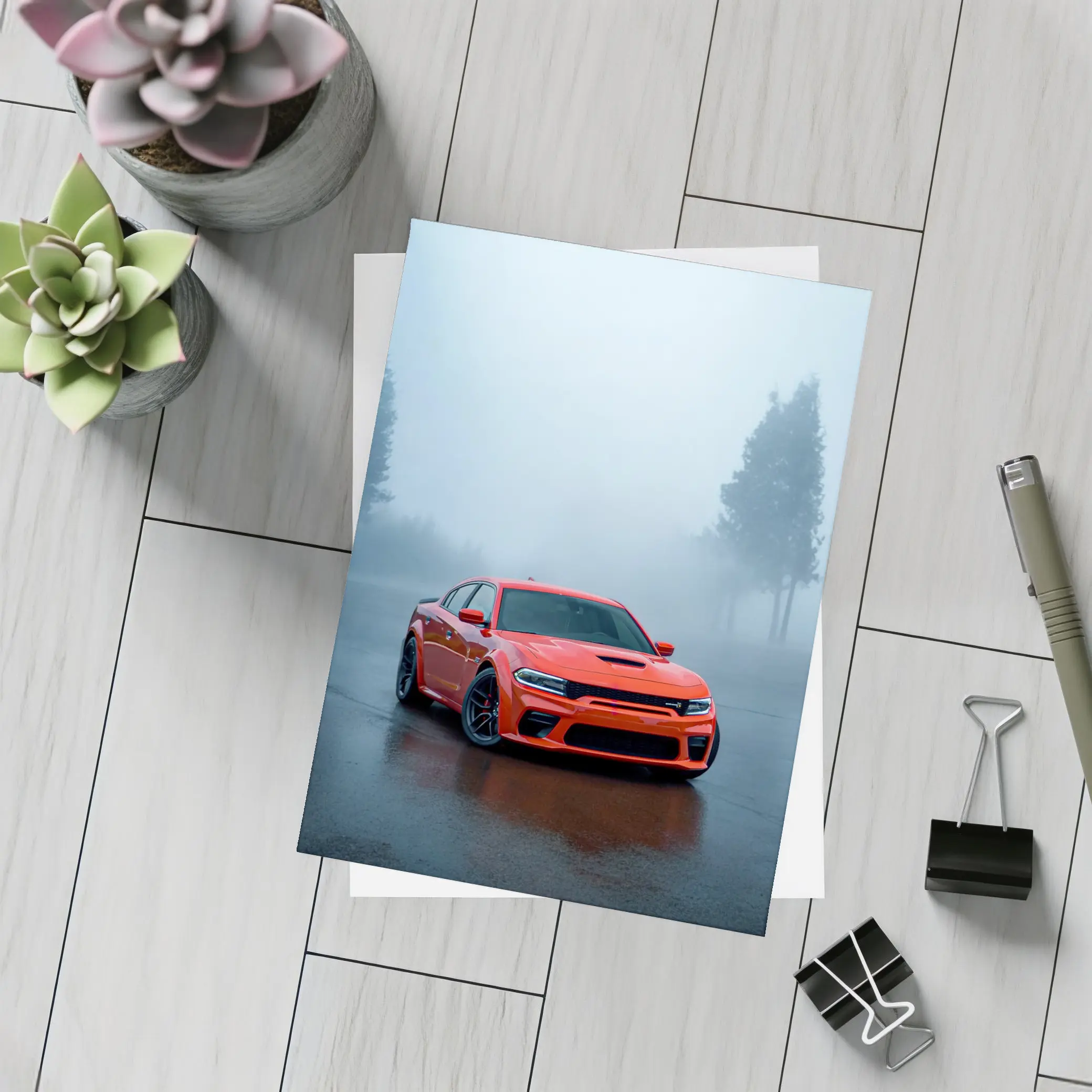 Dodge Charger Red Muscle Car Foggy Street – Postcards