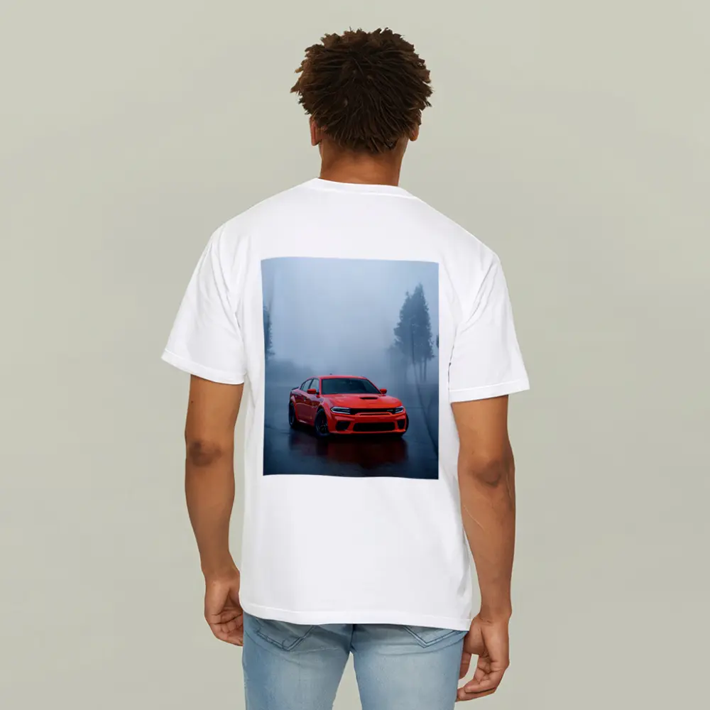 Dodge Charger Red Muscle Car Foggy Street – T-Shirts
