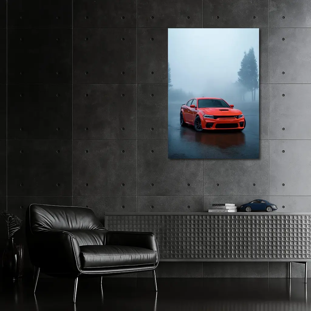 Dodge Charger Red Muscle Car Foggy Street – Wall Art
