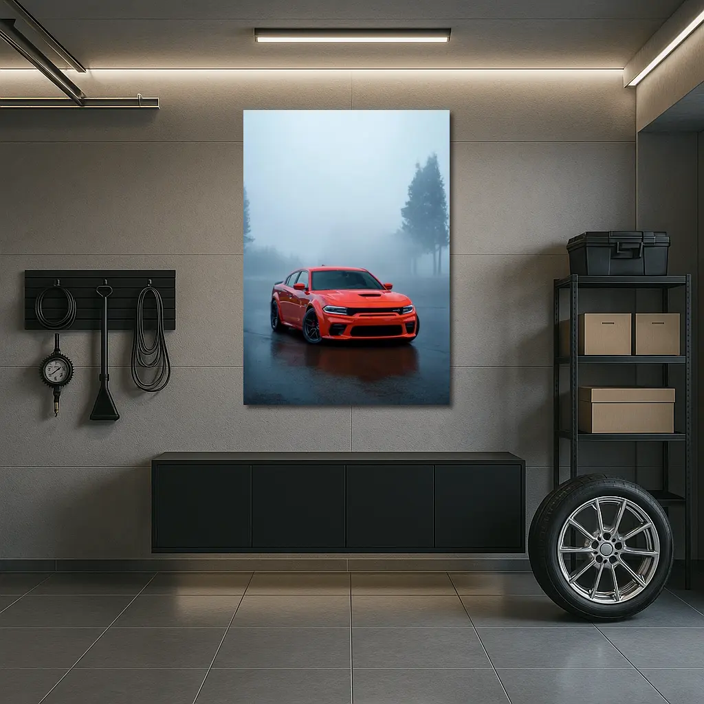 Dodge Charger Red Muscle Car Foggy Street – Wall Art