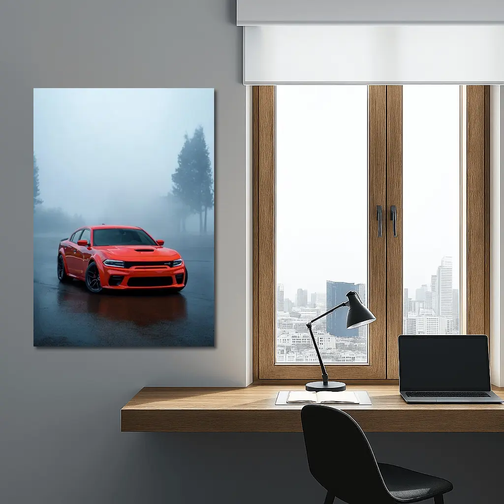 Dodge Charger Red Muscle Car Foggy Street – Wall Art