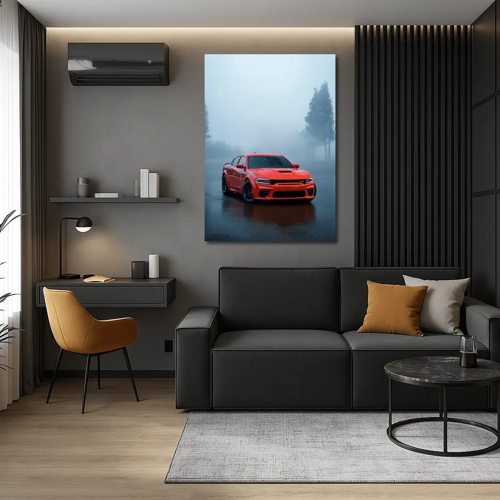 Dodge Charger Red Muscle Car Foggy Street – Wall Art