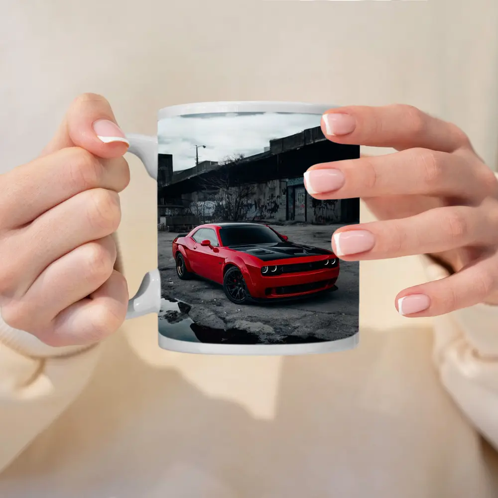 Dodge Challenger Red Urban Abandoned Street Scene – Mugs