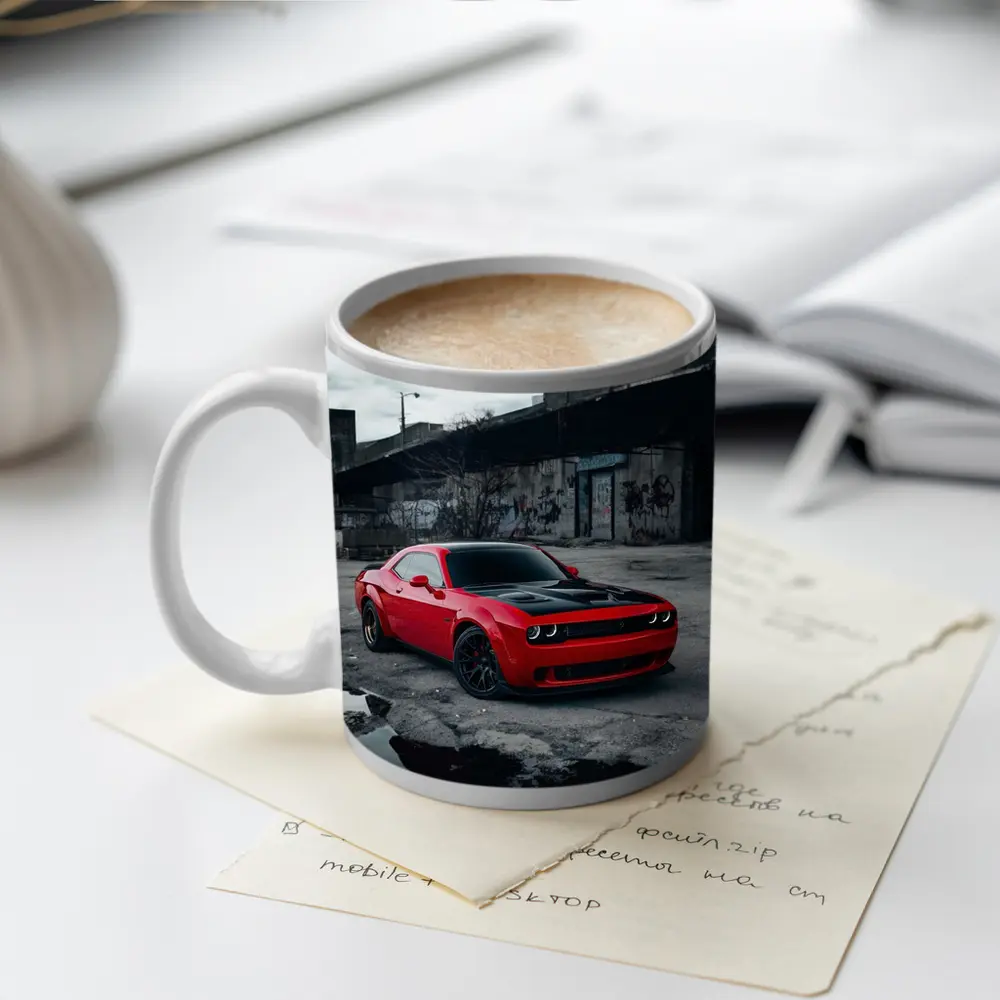 Dodge Challenger Red Urban Abandoned Street Scene – Mugs