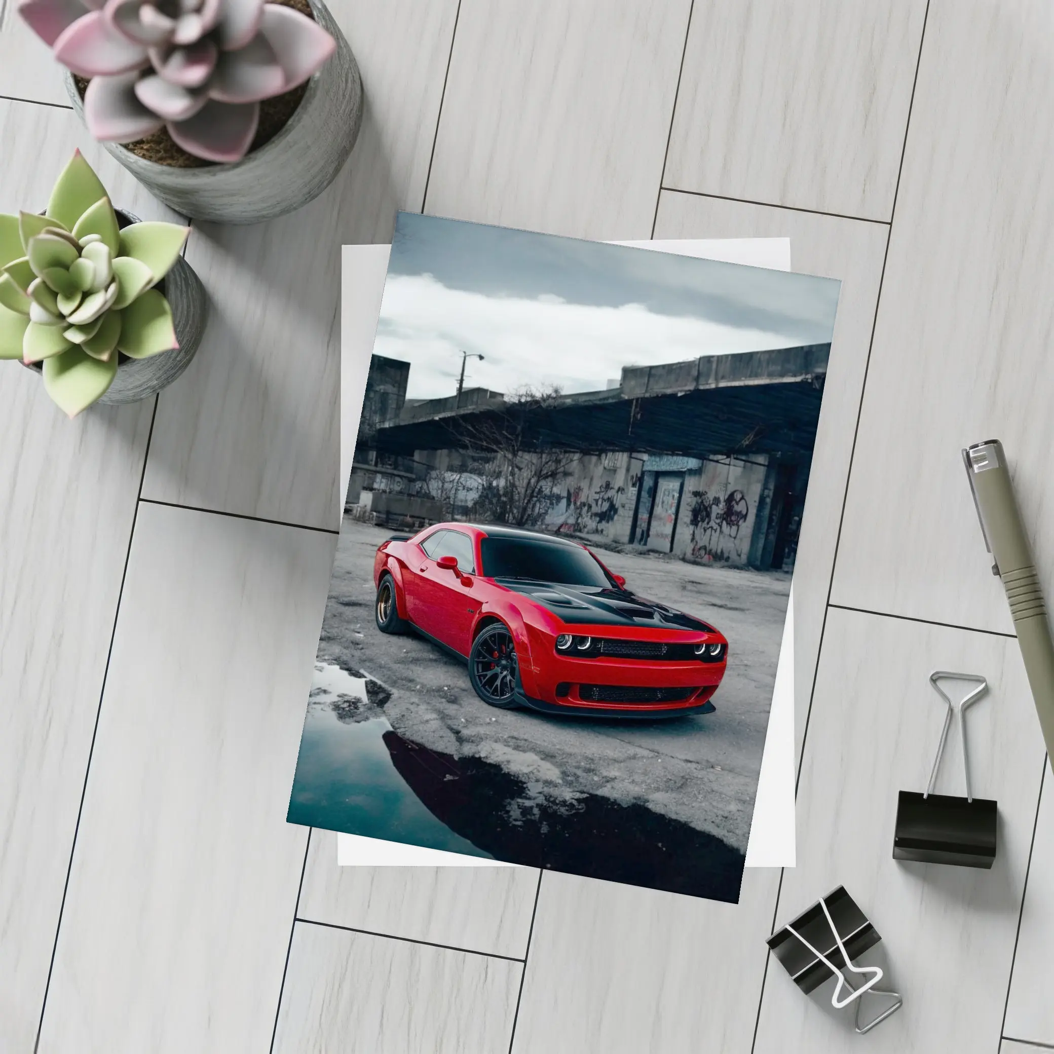 Dodge Challenger Red Urban Abandoned Street Scene – Postcards