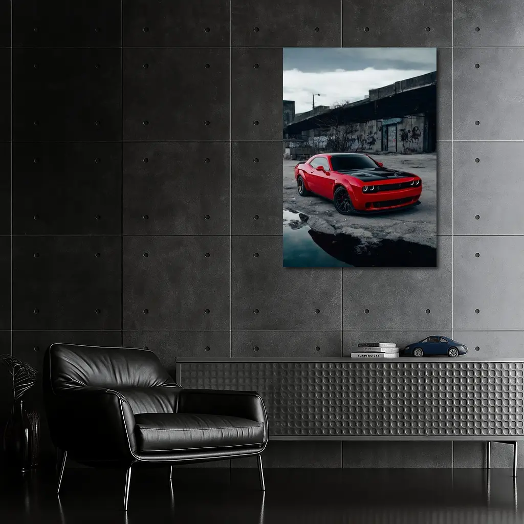 Dodge Challenger Red Urban Abandoned Street Scene – Wall Art