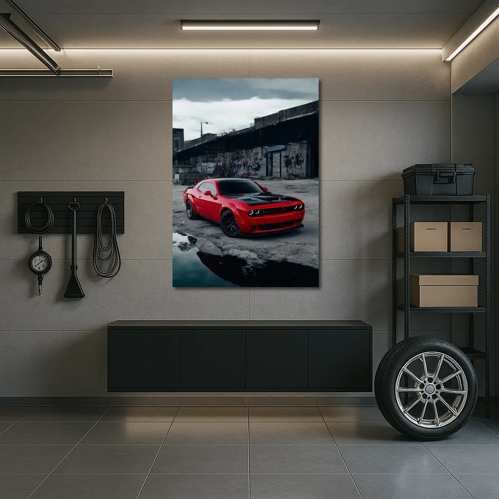 Dodge Challenger Red Urban Abandoned Street Scene – Wall Art