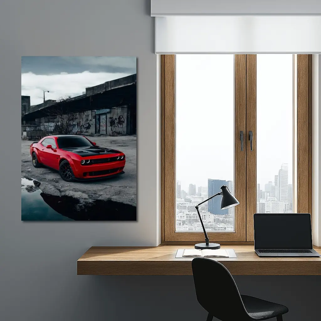 Dodge Challenger Red Urban Abandoned Street Scene – Wall Art