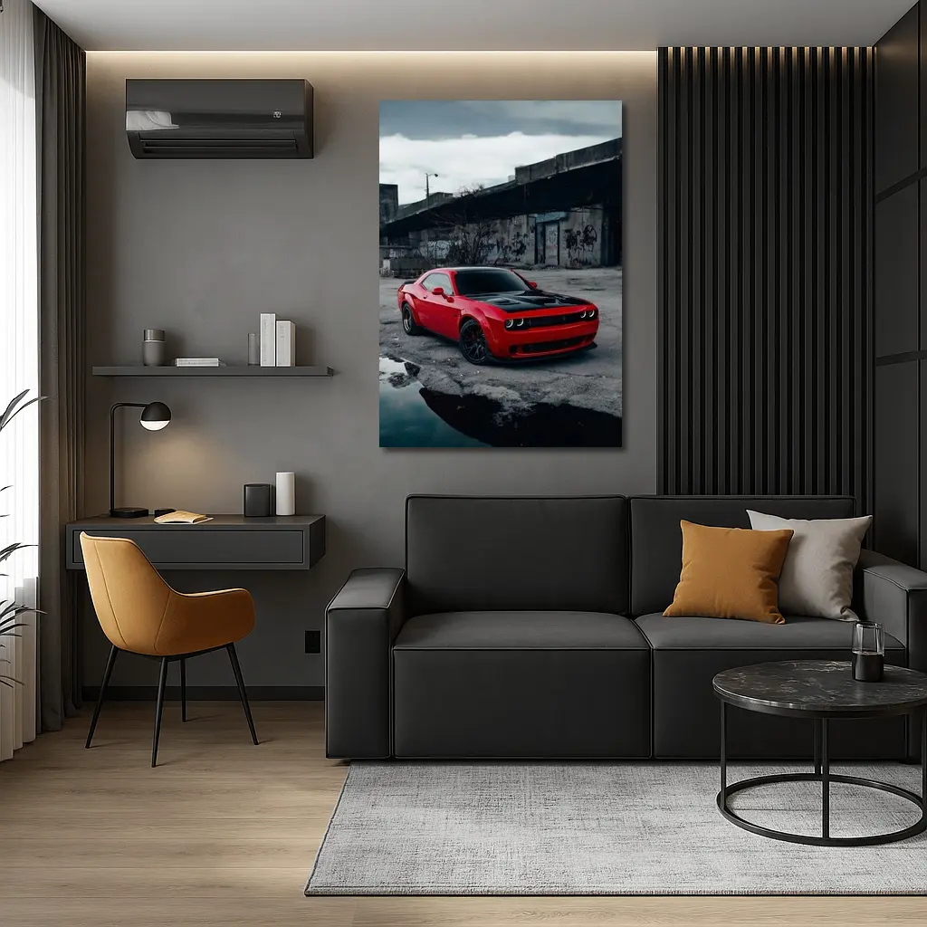 Dodge Challenger Red Urban Abandoned Street Scene – Wall Art