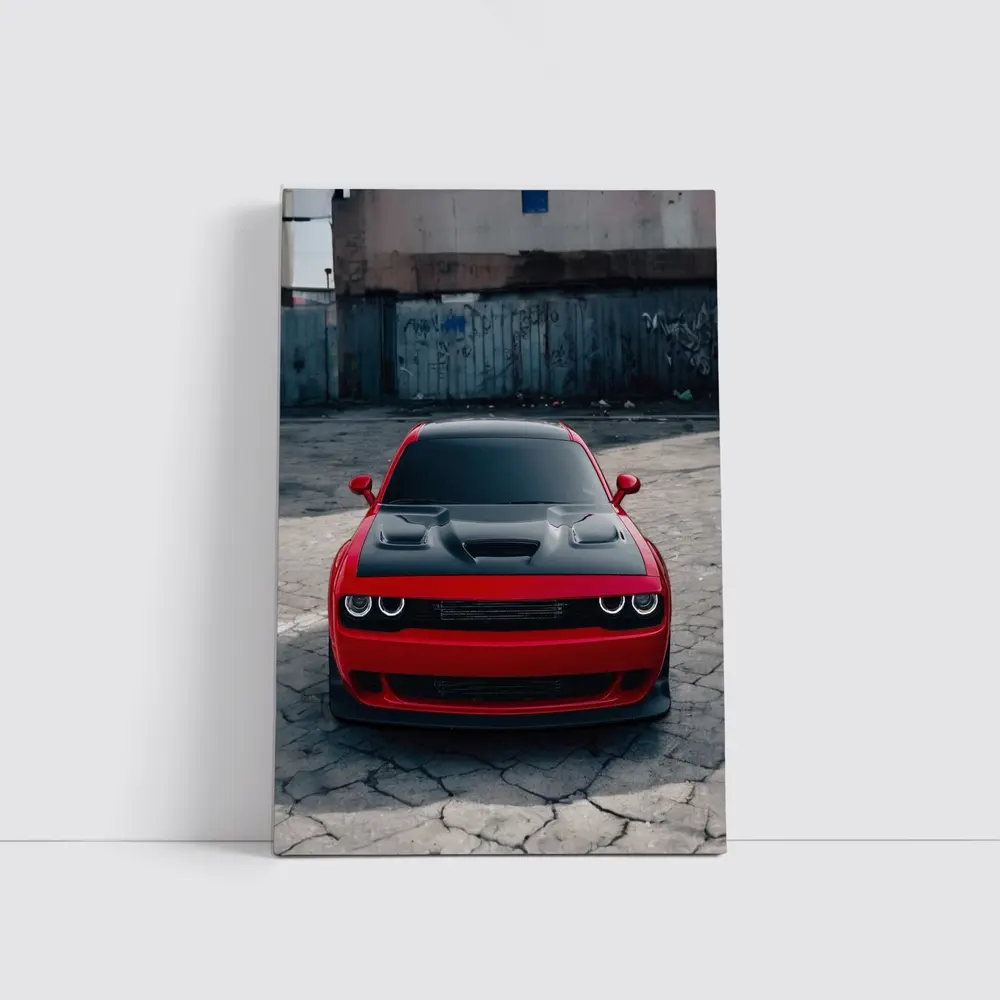 Red Dodge Challenger Parked in Urban Lot – Wall Art