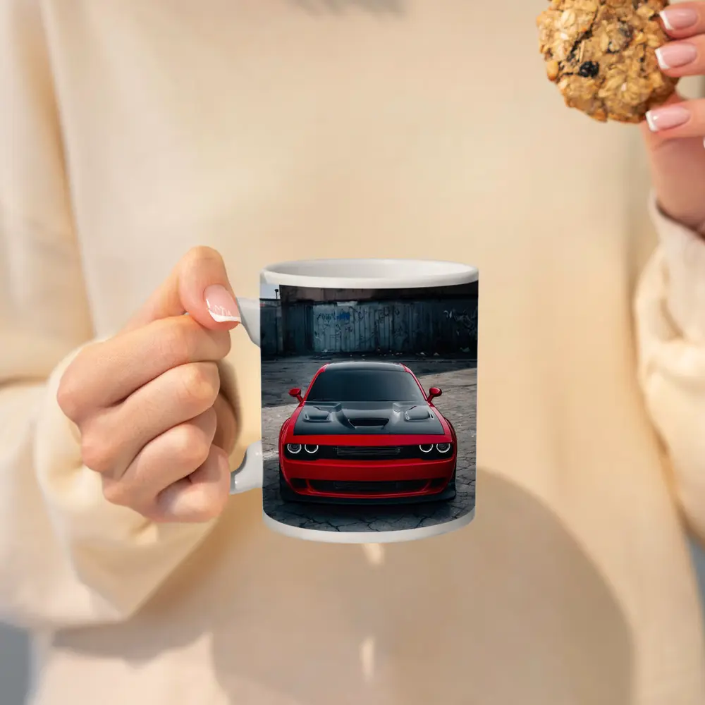 Red Dodge Challenger Parked in Urban Lot – Mugs
