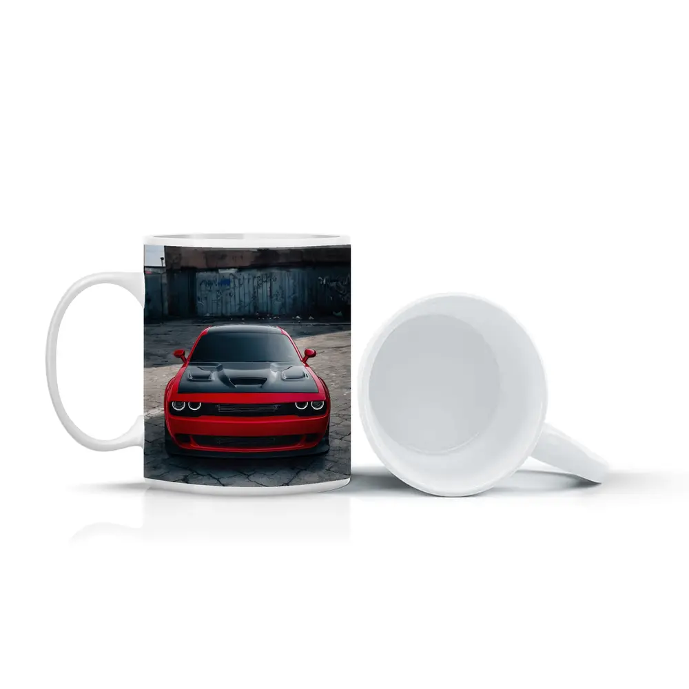 Red Dodge Challenger Parked in Urban Lot – Mugs