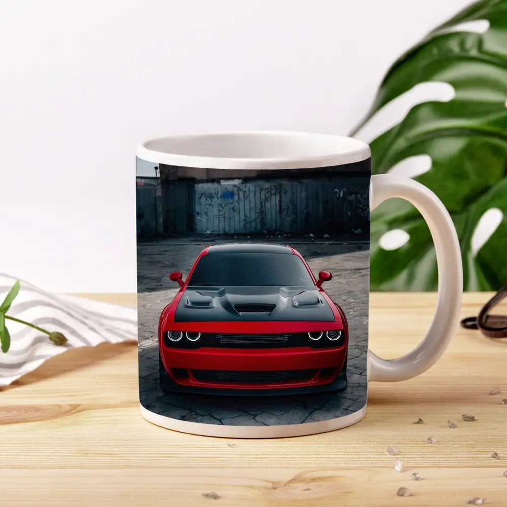 Red Dodge Challenger Parked in Urban Lot – Mugs