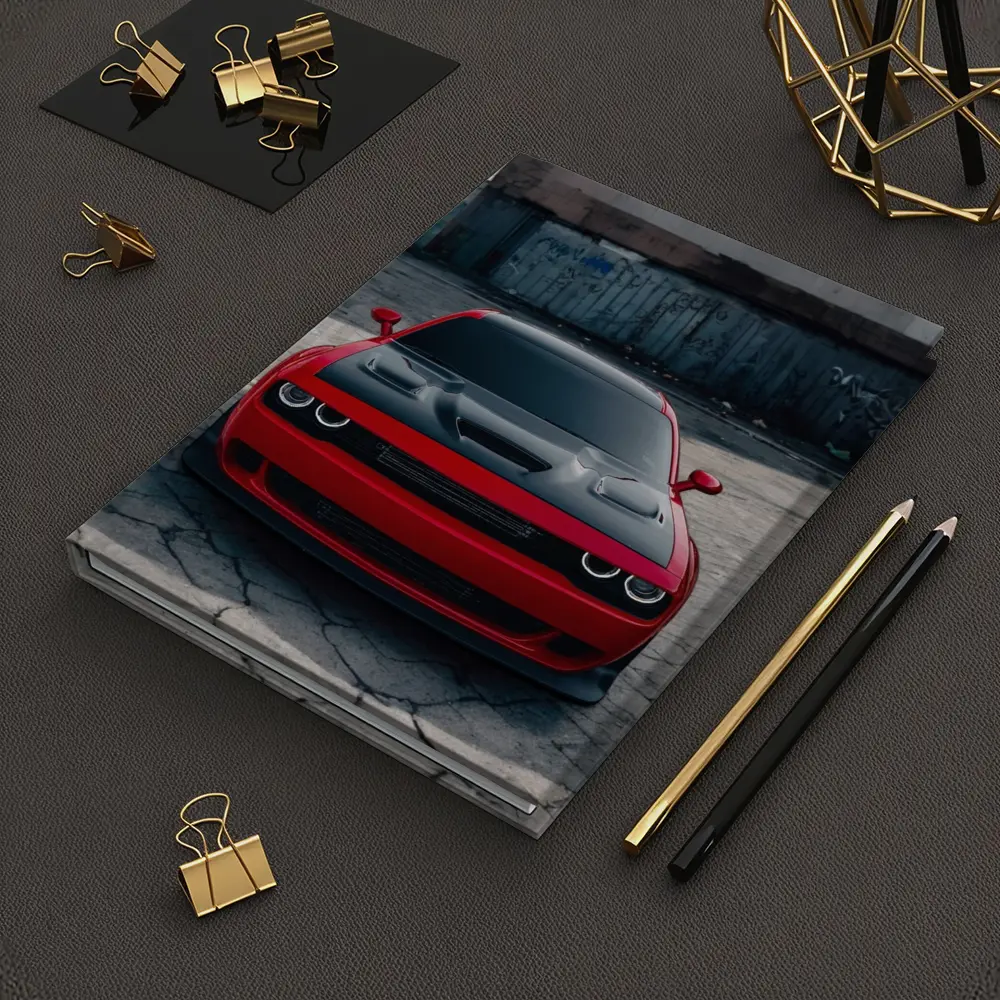Red Dodge Challenger Parked in Urban Lot – Notebooks