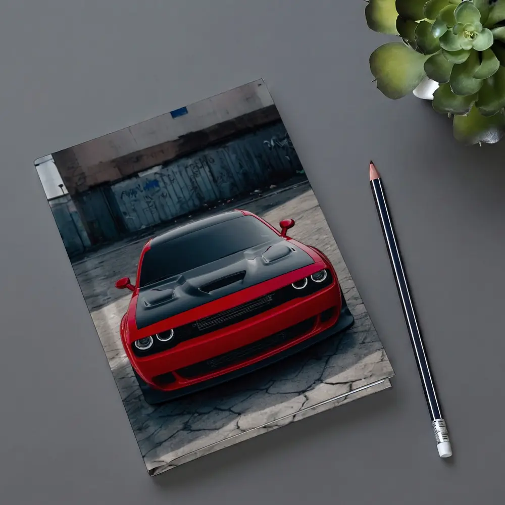 Red Dodge Challenger Parked in Urban Lot – Notebooks