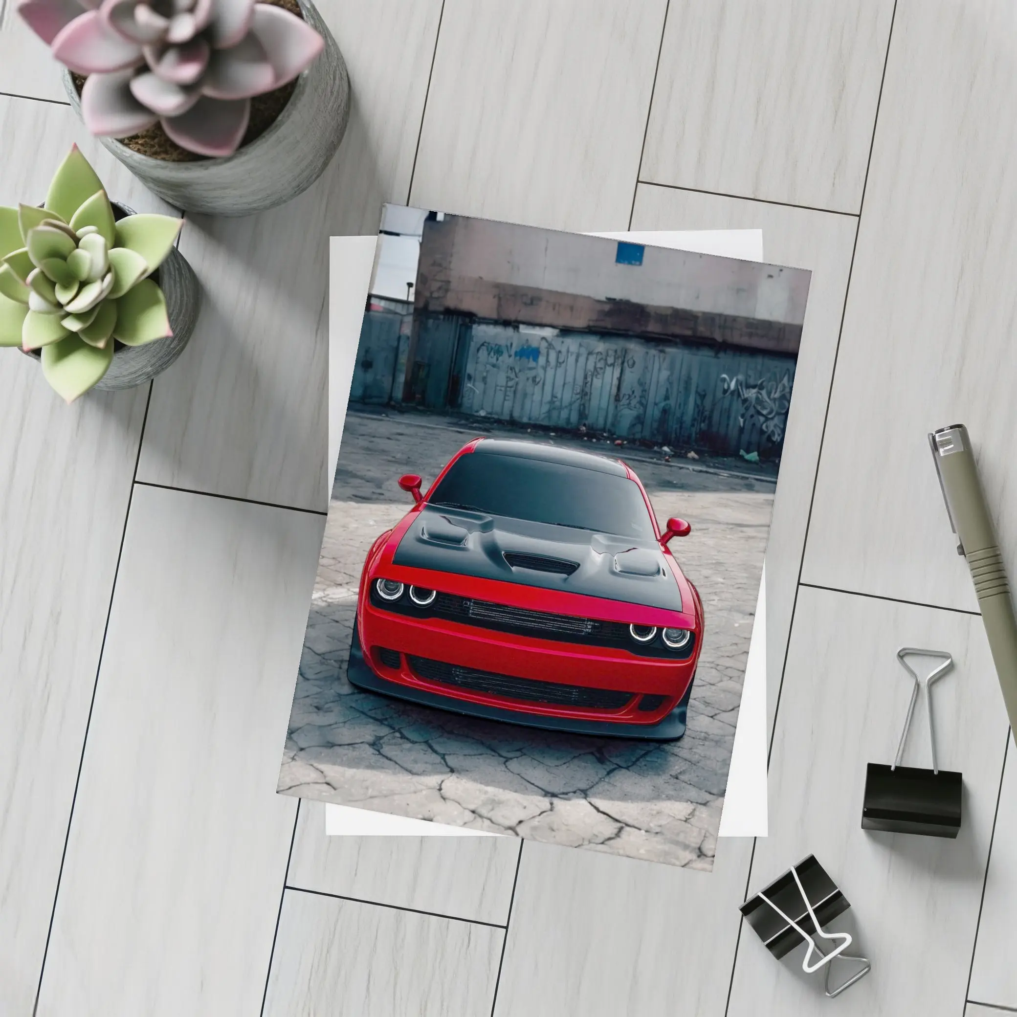 Red Dodge Challenger Parked in Urban Lot – Postcards