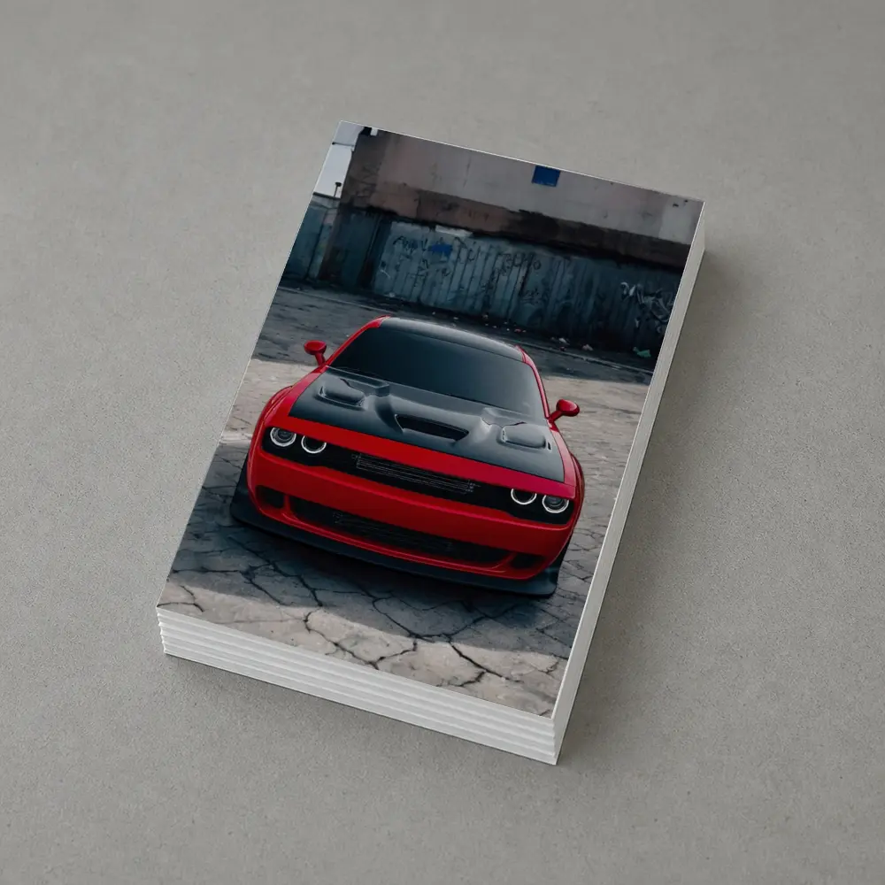 Red Dodge Challenger Parked in Urban Lot – Postcards