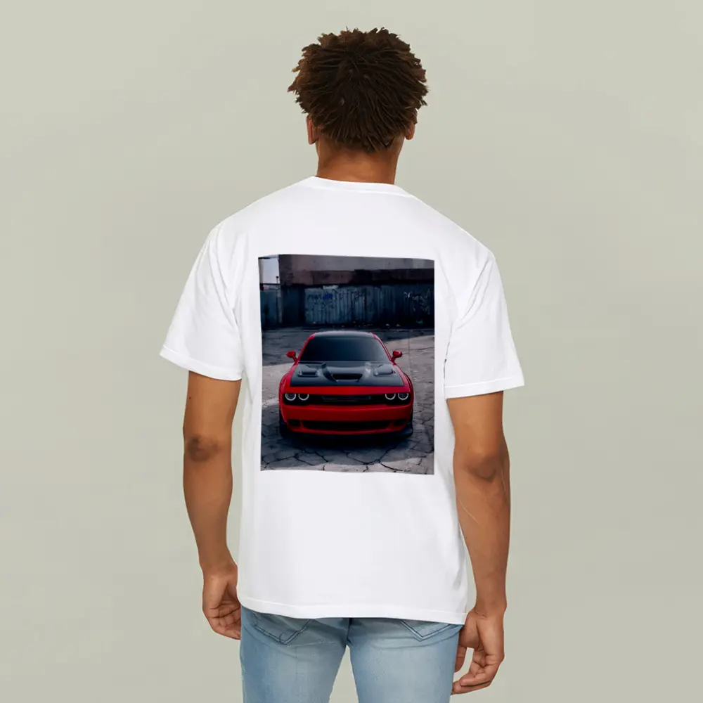 Red Dodge Challenger Parked in Urban Lot – T-Shirts