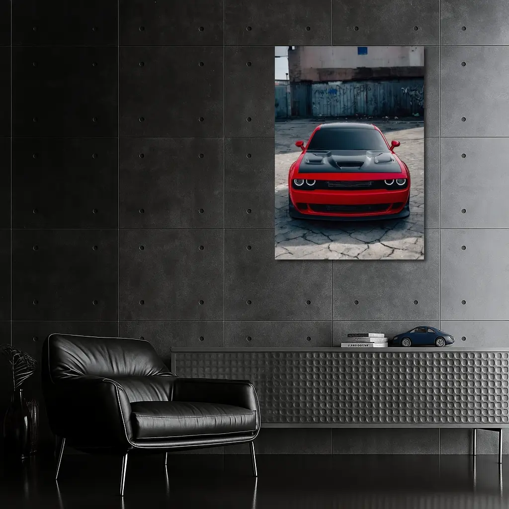 Red Dodge Challenger Parked in Urban Lot – Wall Art