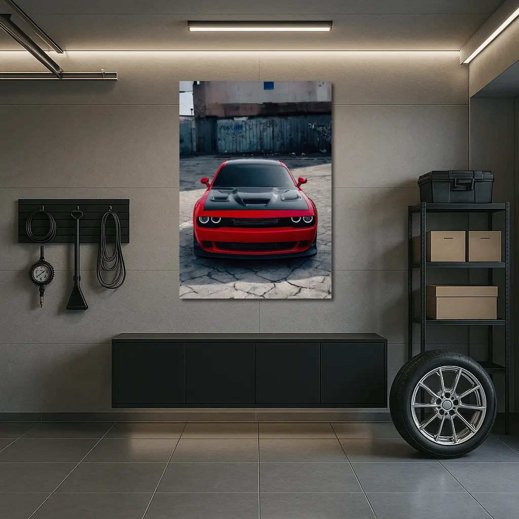 Red Dodge Challenger Parked in Urban Lot – Wall Art