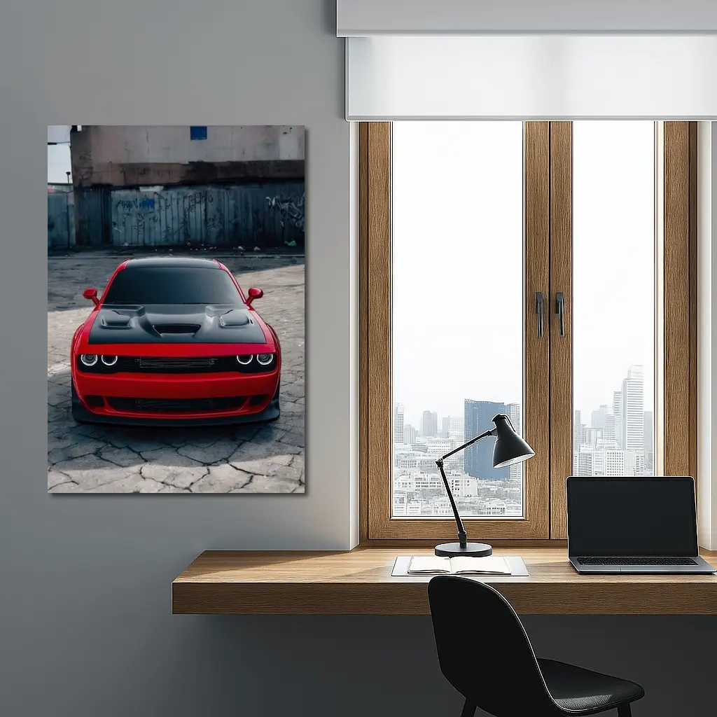 Red Dodge Challenger Parked in Urban Lot – Wall Art