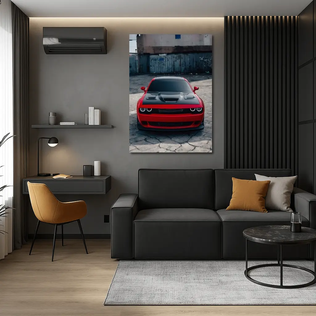 Red Dodge Challenger Parked in Urban Lot – Wall Art
