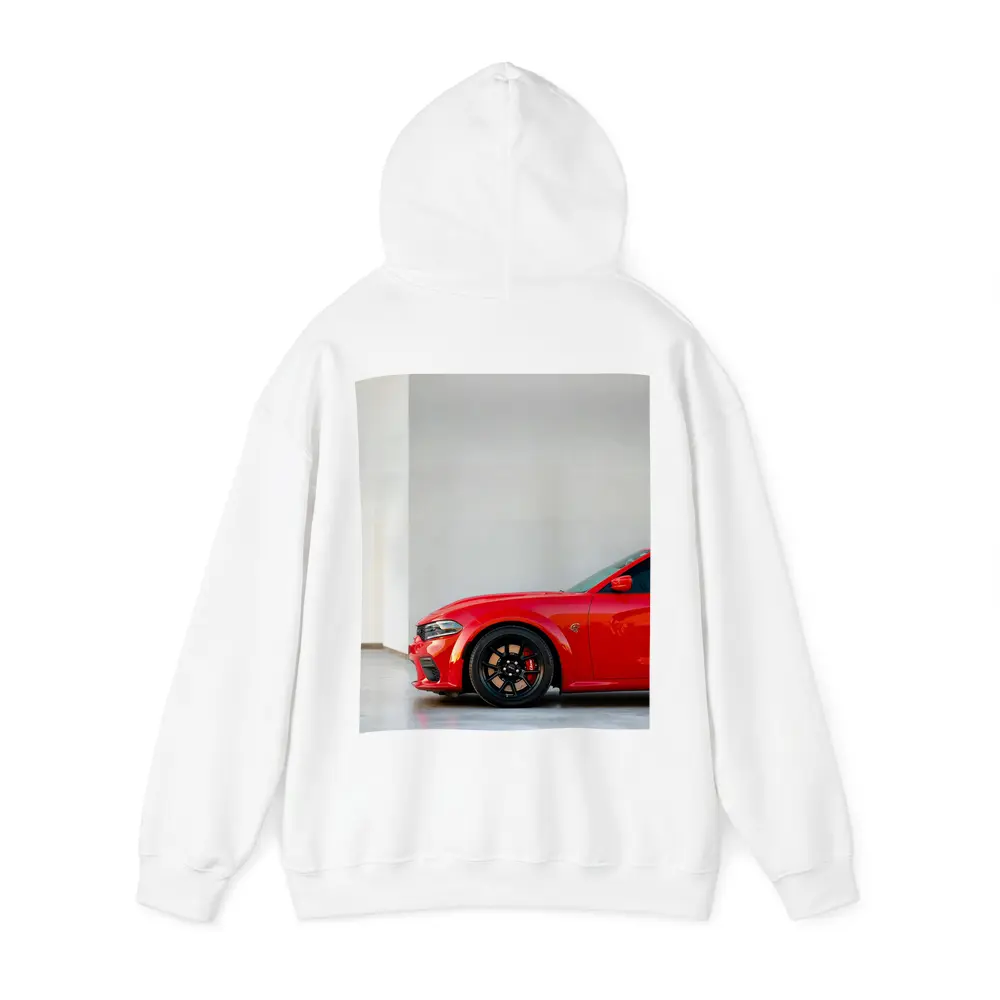 Red Dodge Charger Parked in Garage – Hoodies