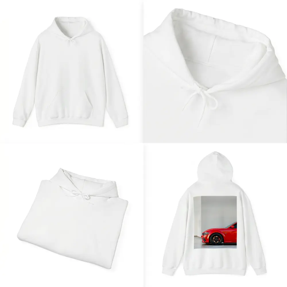 Red Dodge Charger Parked in Garage – Hoodies