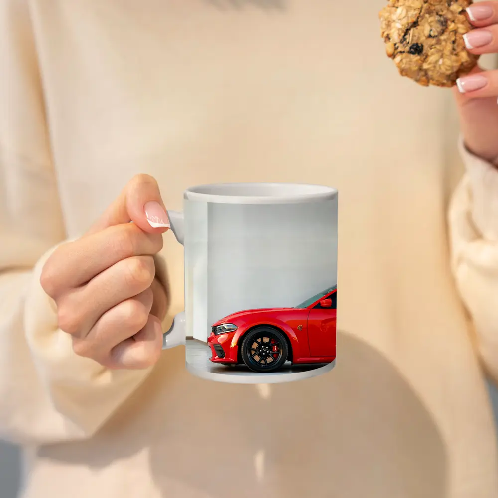 Red Dodge Charger Parked in Garage – Mugs