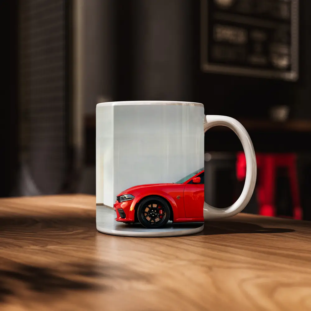 Red Dodge Charger Parked in Garage – Mugs