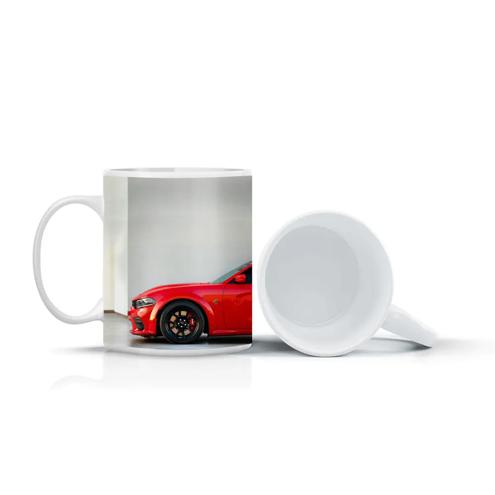 Red Dodge Charger Parked in Garage – Mugs