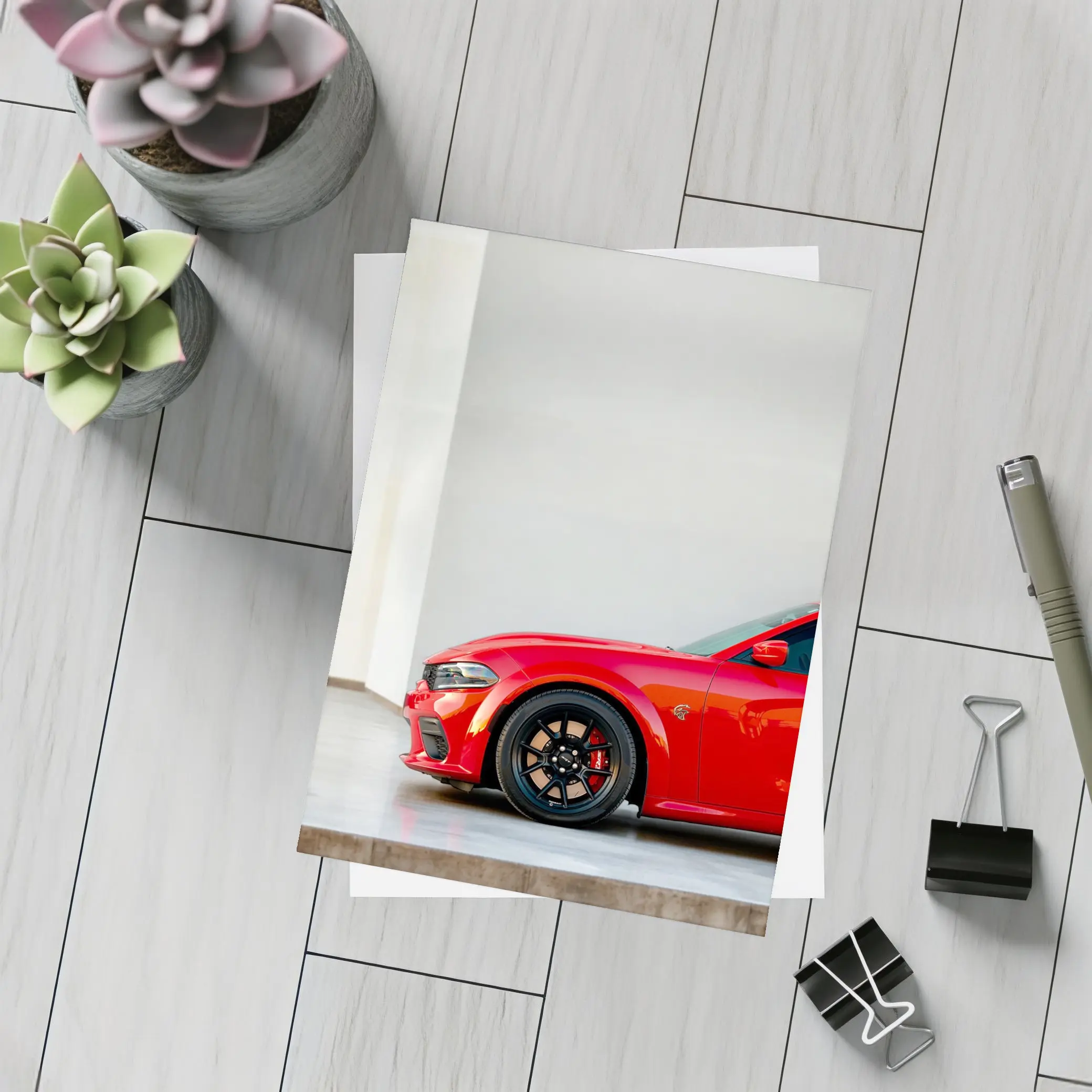 Red Dodge Charger Parked in Garage – Postcards