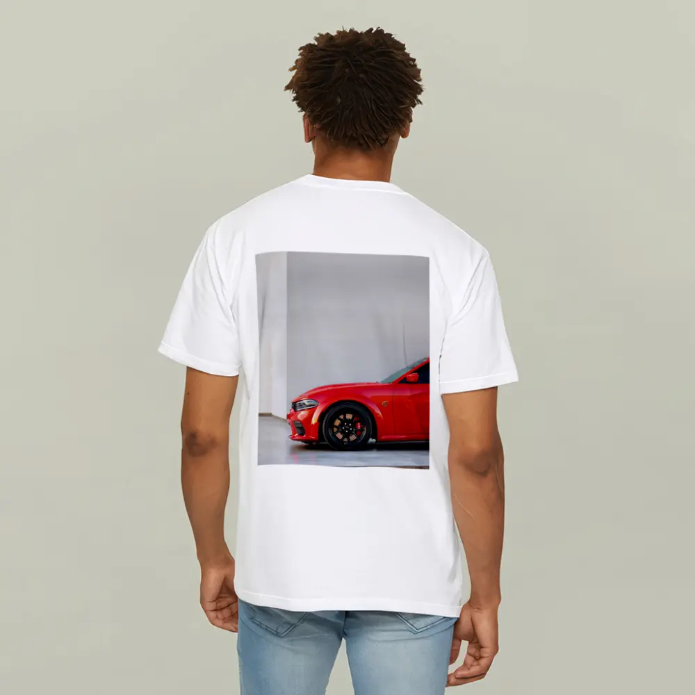 Red Dodge Charger Parked in Garage – T-Shirts
