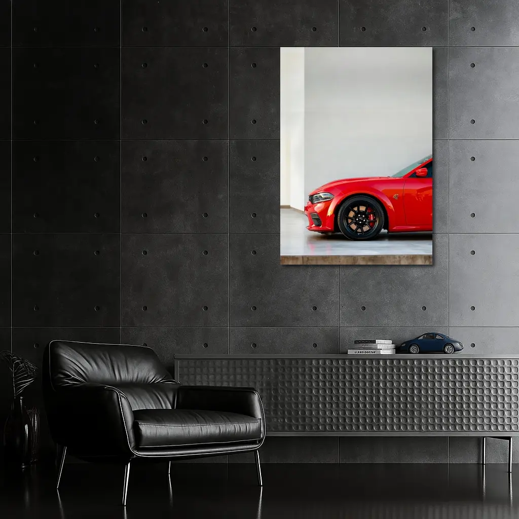 Red Dodge Charger Parked in Garage – Wall Art