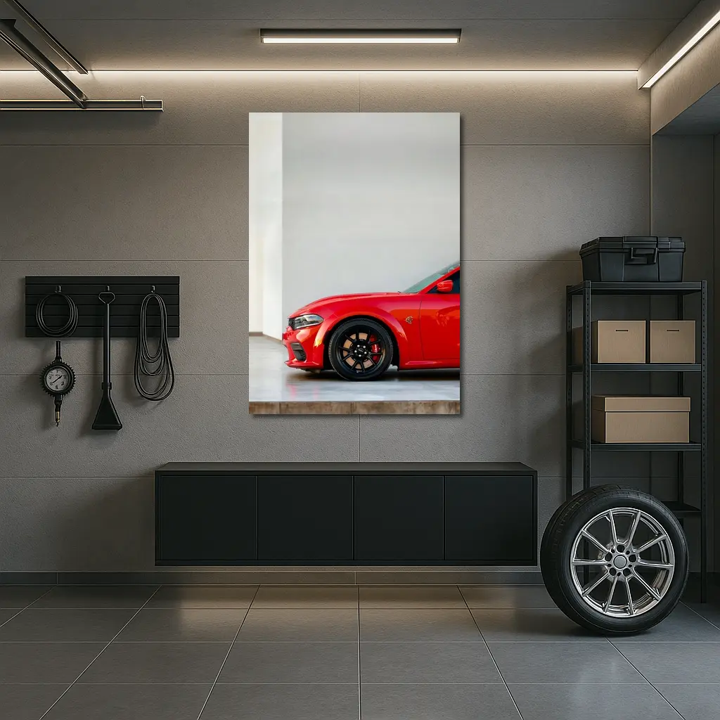 Red Dodge Charger Parked in Garage – Wall Art