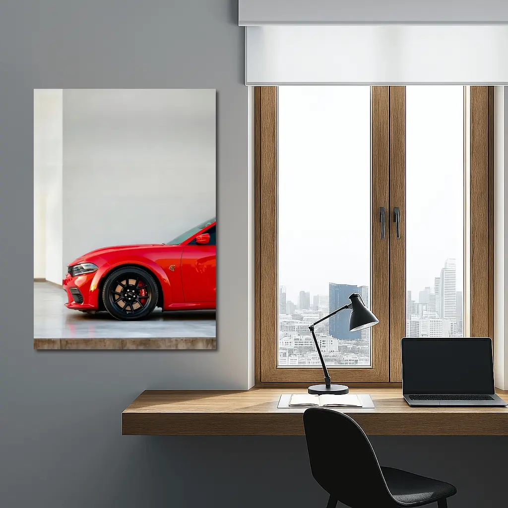 Red Dodge Charger Parked in Garage – Wall Art