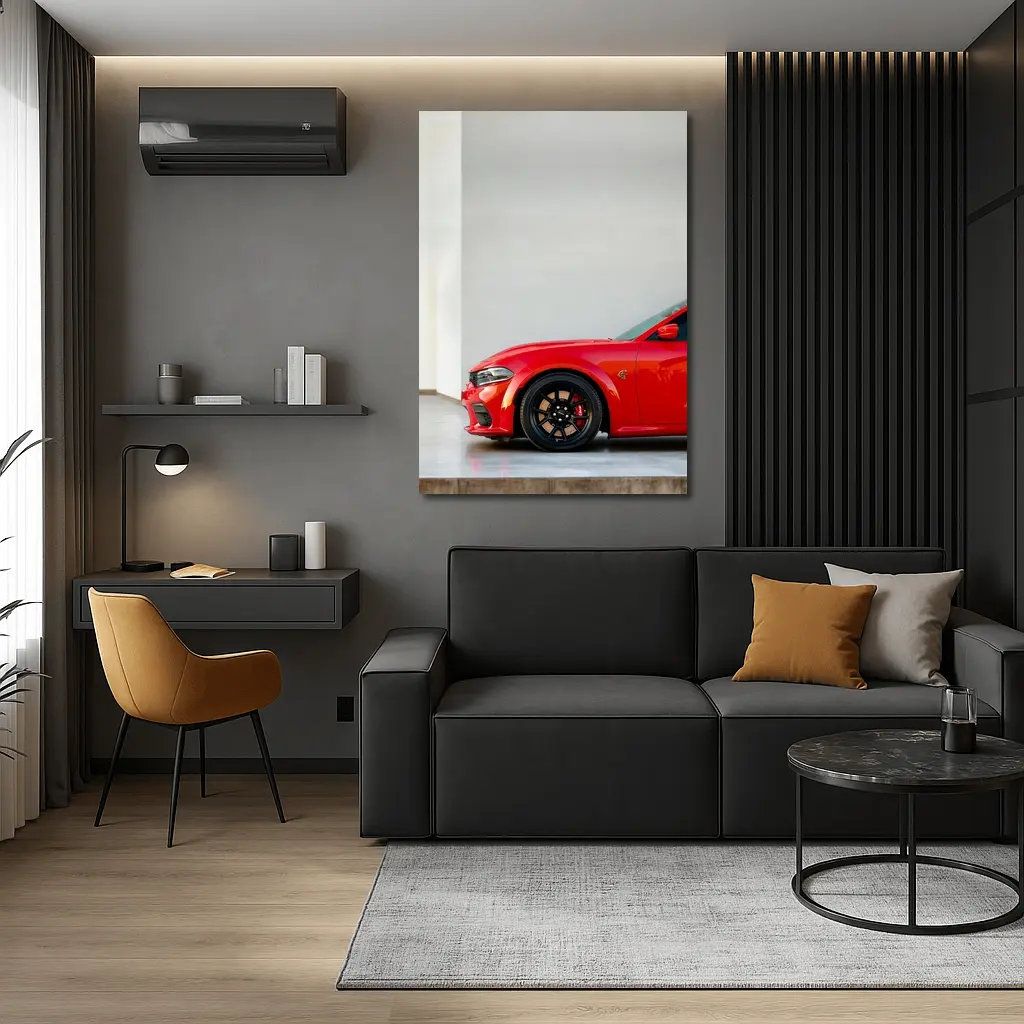 Red Dodge Charger Parked in Garage – Wall Art