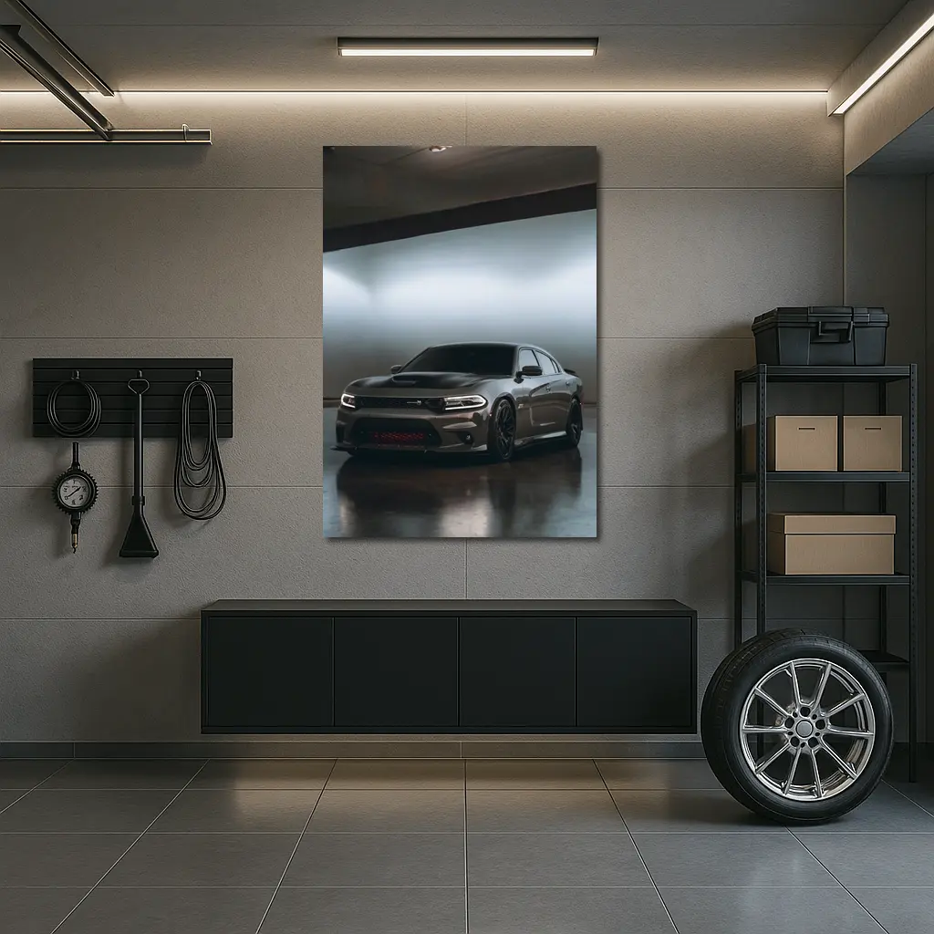 Dodge Charger Parked In Dark Garage – Wall Art