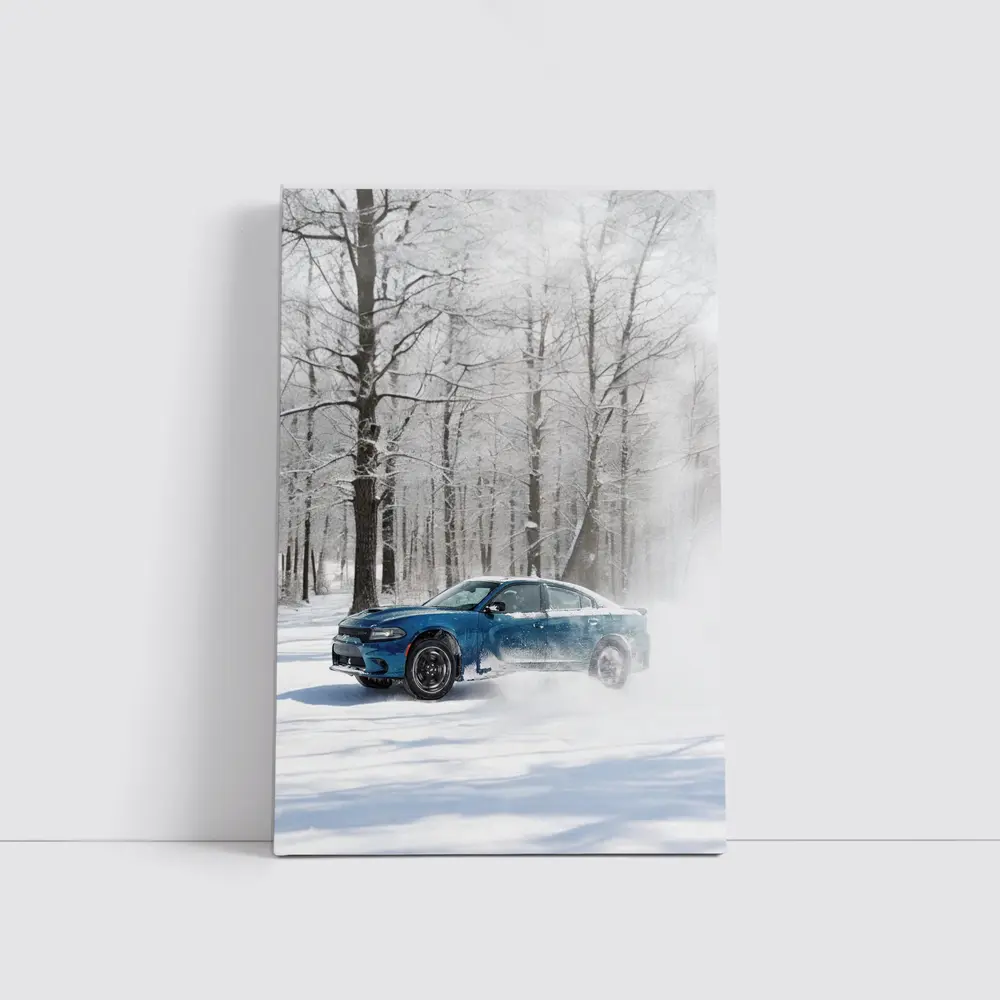 Dodge Charger Drifting Through Snowy Winter Forest – Wall Art