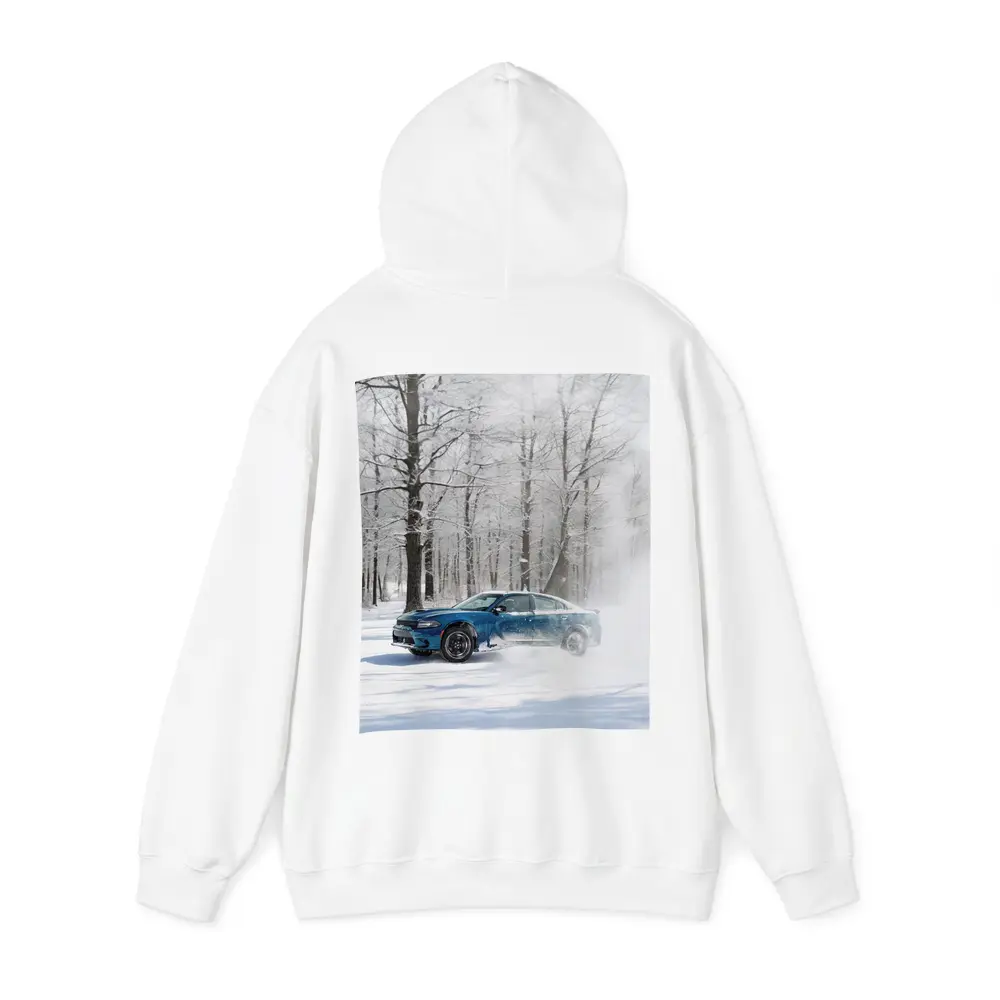 Dodge Charger Drifting Through Snowy Winter Forest – Hoodies